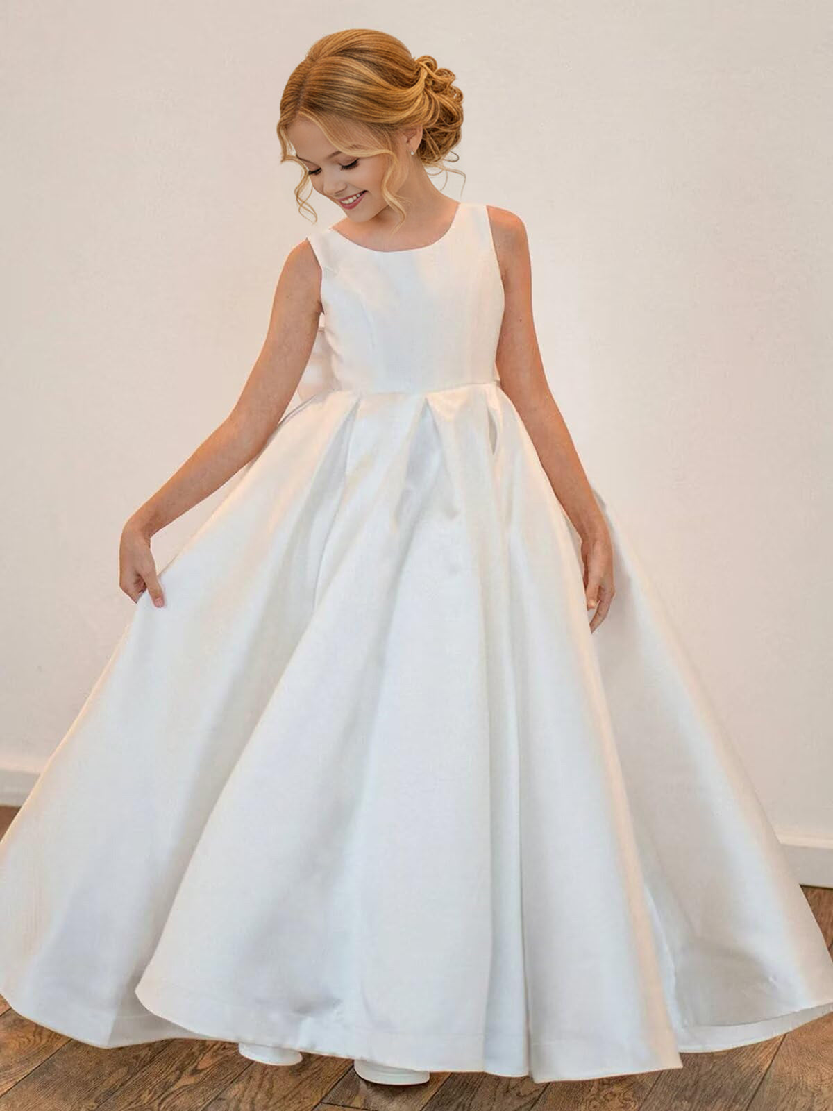 dideyttawl Big Bow Junior Bridesmaid Dresses for Wedding Satin Flower Girls Dress A-Line Princess Pageant Ball Gown Formal Party 2779