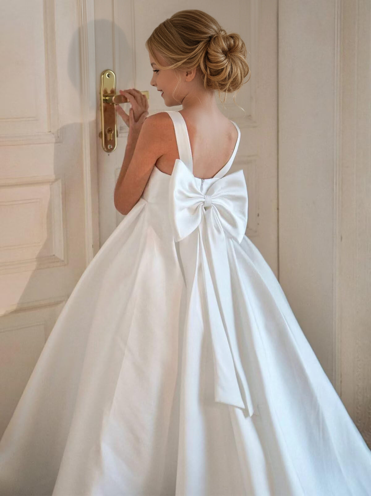 dideyttawl Big Bow Junior Bridesmaid Dresses for Wedding Satin Flower Girls Dress A-Line Princess Pageant Ball Gown Formal Party 2779