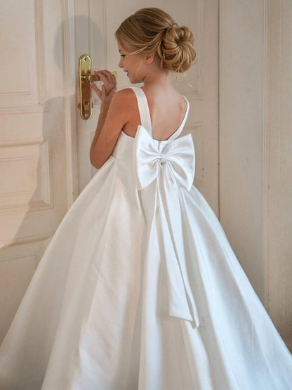 dideyttawl Big Bow Junior Bridesmaid Dresses for Wedding Satin Flower Girls Dress A-Line Princess Pageant Ball Gown Formal Party 2779