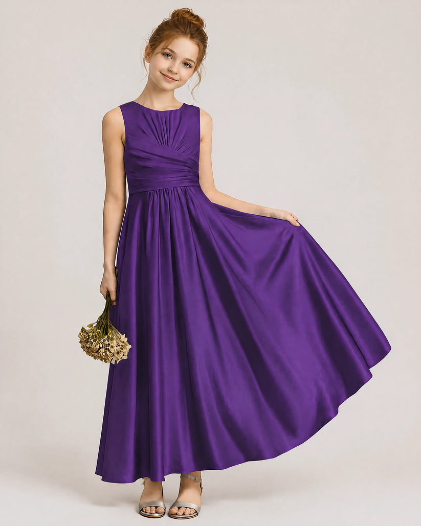 Purple Satin A-line Junior Bridesmaid Dress Front View