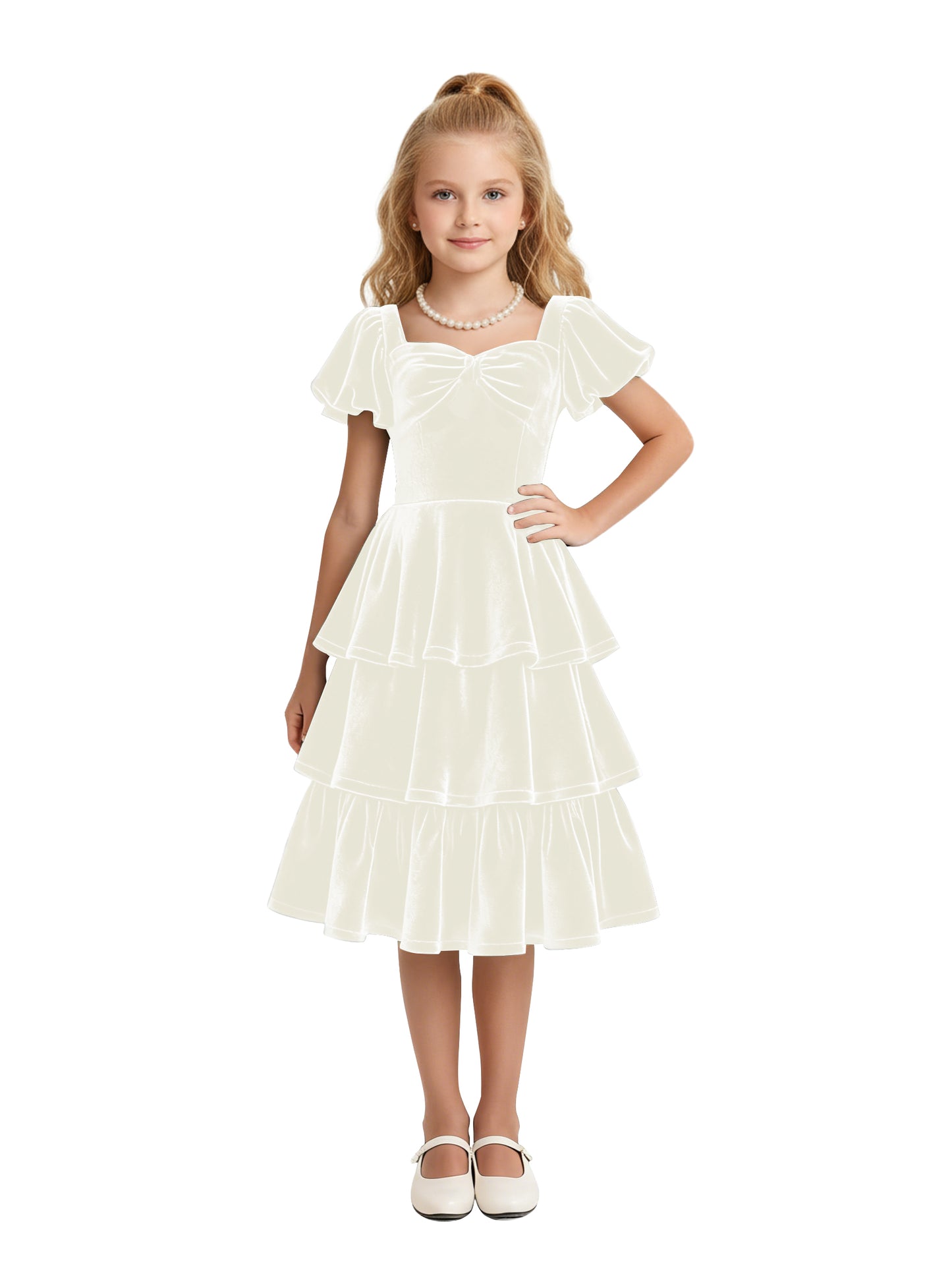 dideyttawl Girls Pleated Velvet Knee Length Junior Bridesmaid Dress with Short Lantern Sleeves 2543