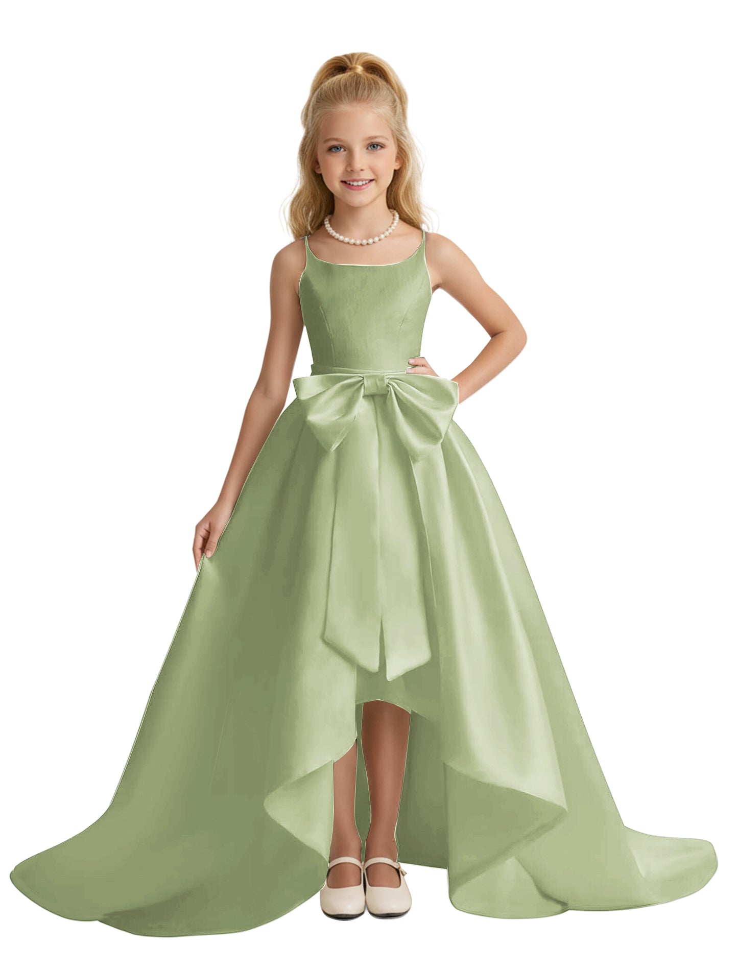 dideyttawl High-Low Big Bow Junior Bridesmaid Dresses for Girls 4-16 Satin A-Line Pageant Formal Party Dress 2535