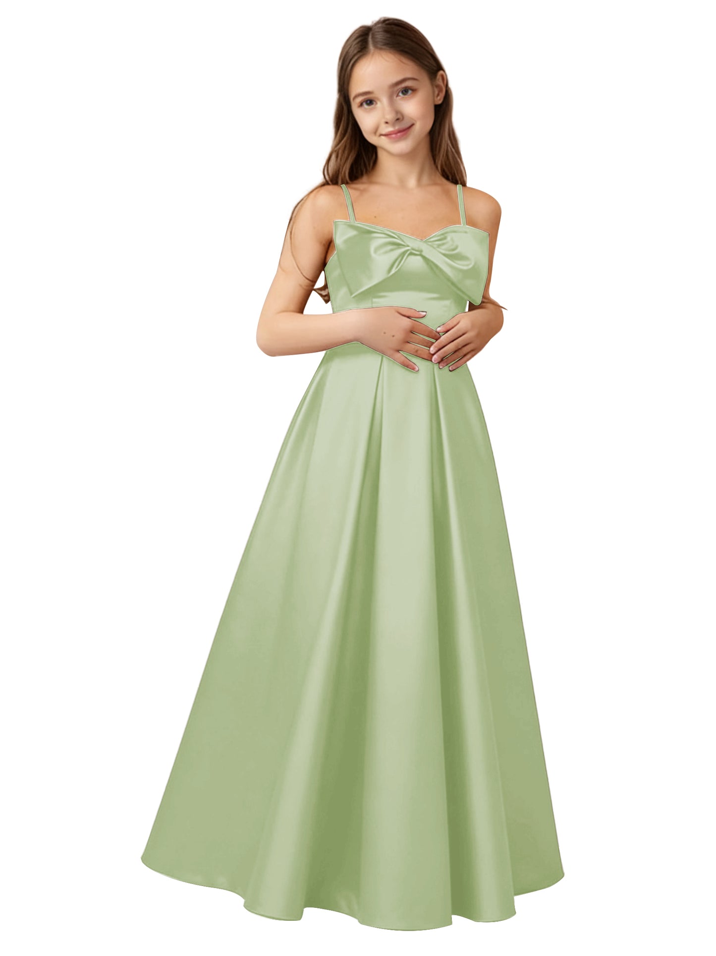 dideyttawl 2026 Girls Satin Prom Ball Gown with Big Bow Maxi Spaghetti Straps Junior Bridesmaid Flower Girl Dress 2548