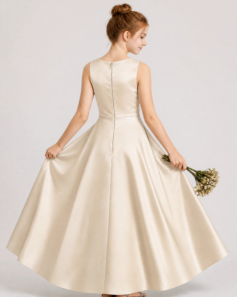 Champagne Satin A-line Junior Bridesmaid Dress Back View