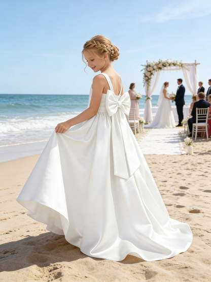 dideyttawl Big Bow Junior Bridesmaid Dresses for Wedding Satin Flower Girls Dress A-Line Princess Pageant Ball Gown Formal Party 2779