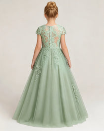 Back Sage Green Lace Flower Girls Dress