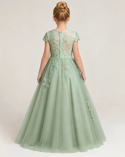 Back Sage Green Lace Flower Girls Dress