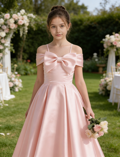 dideyttawl 2026 Off Shoulder Flower Girl Dress Big Bow Junior Bridesmaid Dress A-Line Sleeveless Prom Ball Gown 2790