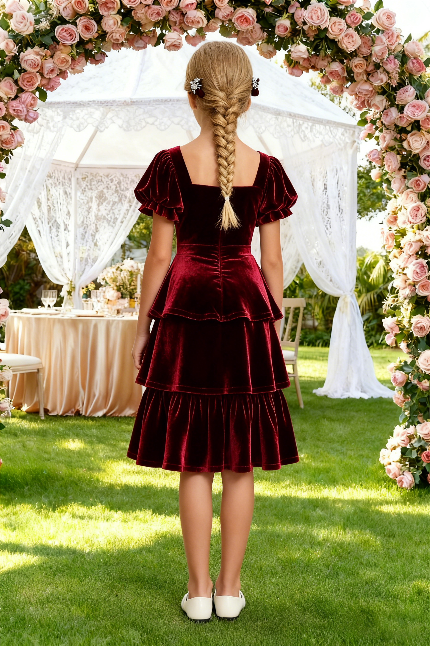 dideyttawl Girls Pleated Velvet Knee Length Junior Bridesmaid Dress with Short Lantern Sleeves 2543