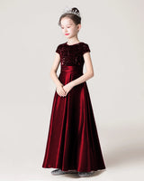 Burgundy Sequin Satin A-line Girls Formal Dress Side View