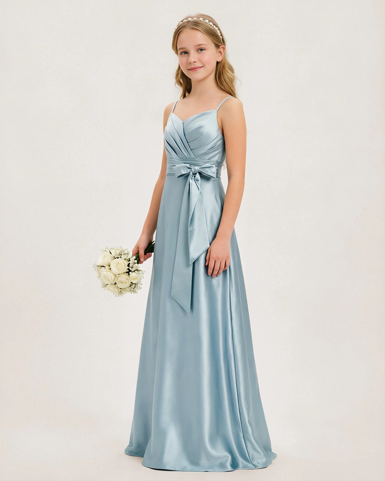 Dideyttawl Junior Bridesmaid Dress with Spaghetti Straps and Ruched Satin Side Bow, Dusty Blue / Customize