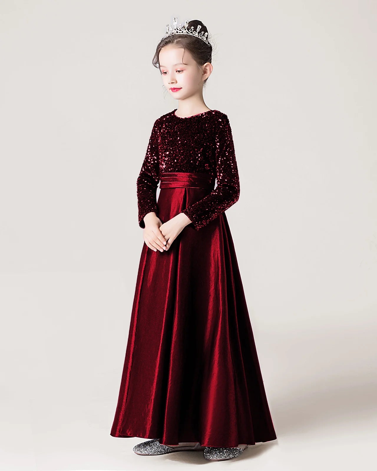 Burgundy Side Sequin Long Sleeve Flower Girls Dress