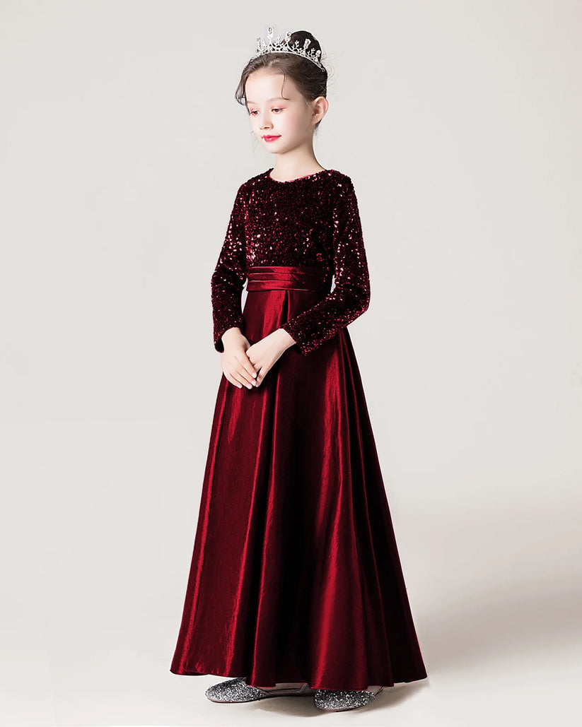 Burgundy Sequin A-line Girls Formal Dress Side View
