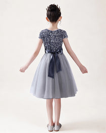 Grey Front Short Sequin Flower Girl Dress