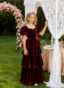Dideyttawl Burgundy Velvet Girls Formal Dress Puff Sleeve Tiered Ruffle Formal Dress