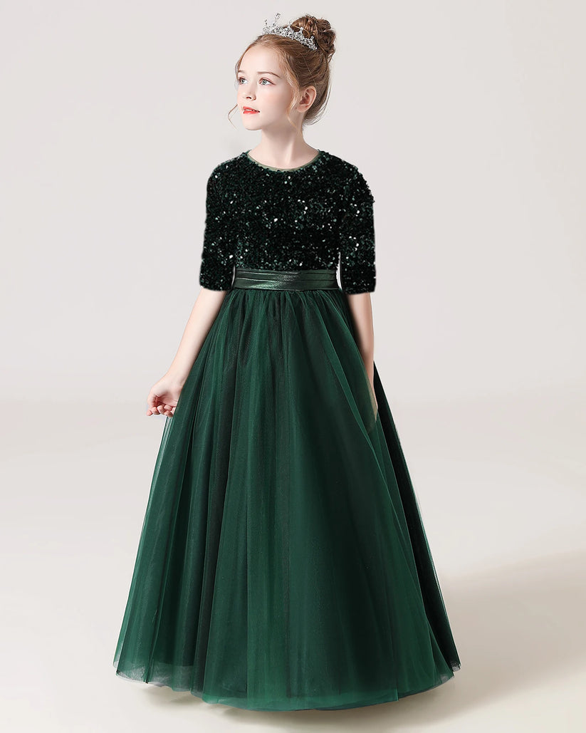 Dark Green Tulle A-line Flower Girl Dress Front View