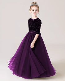 Purple Side Sequin Mid Sleeve Flower Girl Dress