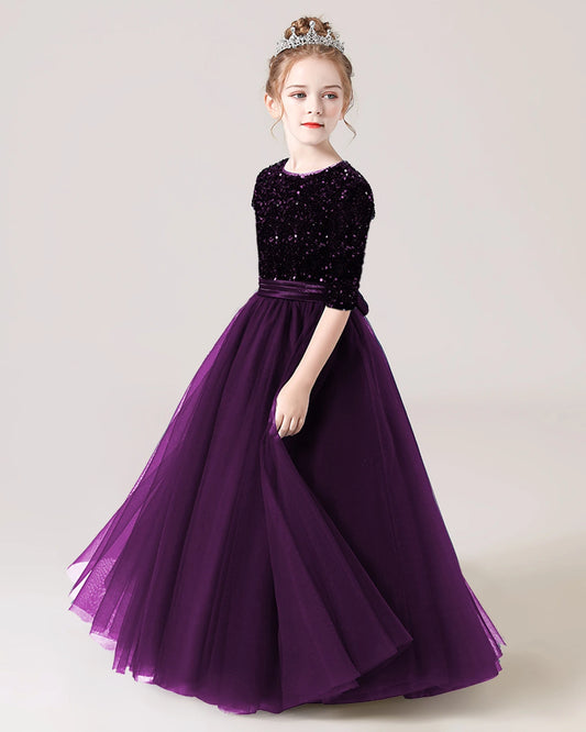 Purple Sequin Tulle A-line Flower Girl Dress Front View