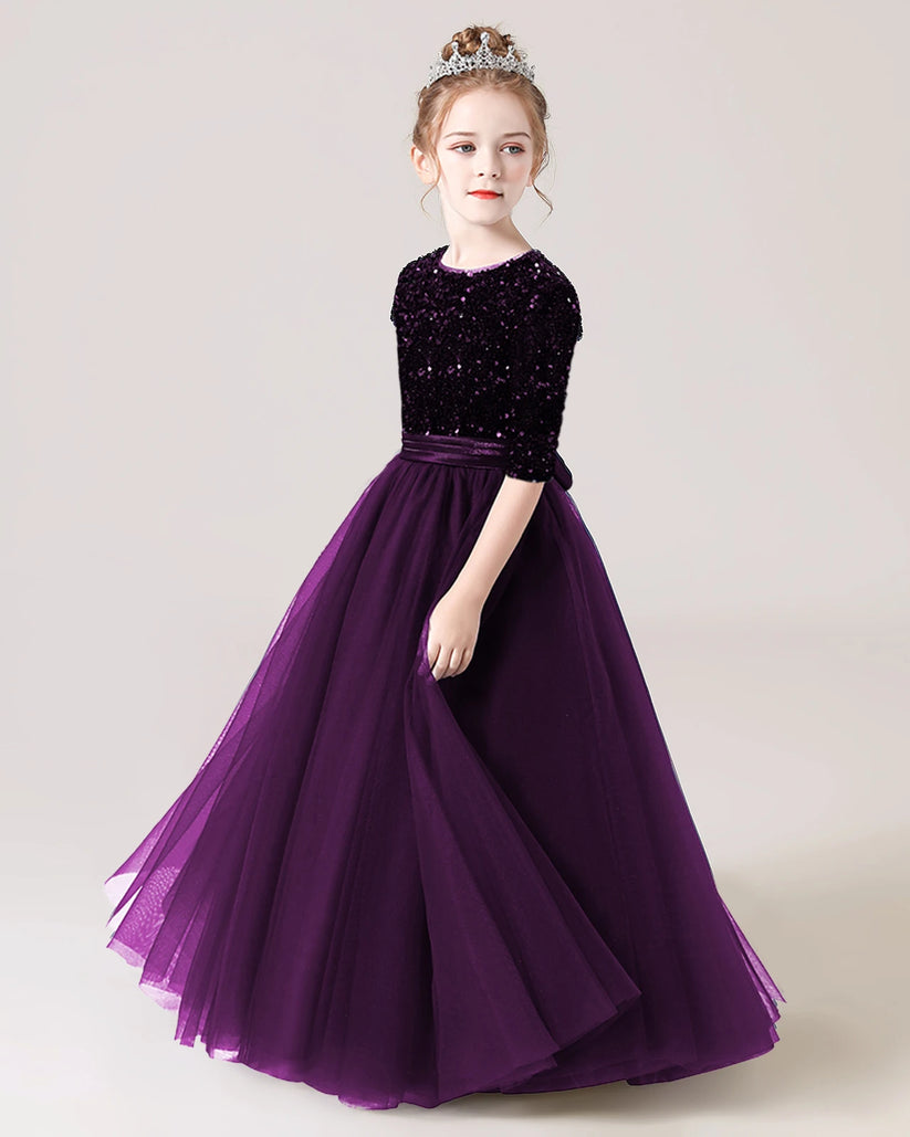Purple Sequin Tulle A-line Flower Girl Dress Front View