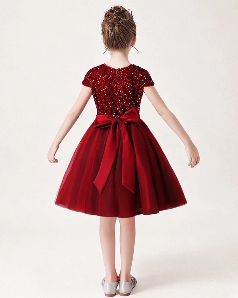 Burgundy Sequin A-line Girls Formal Dress Back View