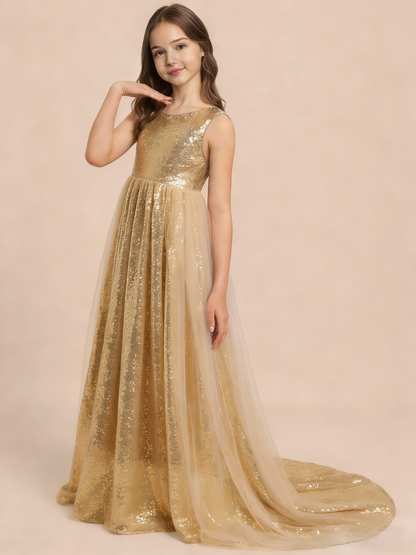 dideyttawl 2026 Flower Girls Dress Sparkly Sequins Tulle Sleeveless Prom Gown Floor Length Jr Bridesmaid Dresses 2557