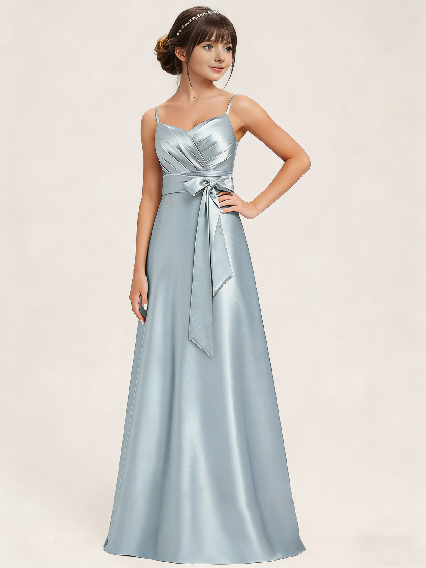 dideyttawl 2026 Girls Pleated Satin Prom Dress Bow Belt Ball Gown Maxi Spaghetti Straps Junior Bridesmaid Dress 2547