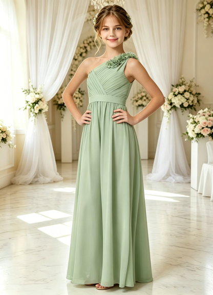 dideyttawl One Shoulder Pleated Junior Bridesmaid Dresses for Wedding A-Line Chiffon 3D Flower Girls Formal Party Dress 2604