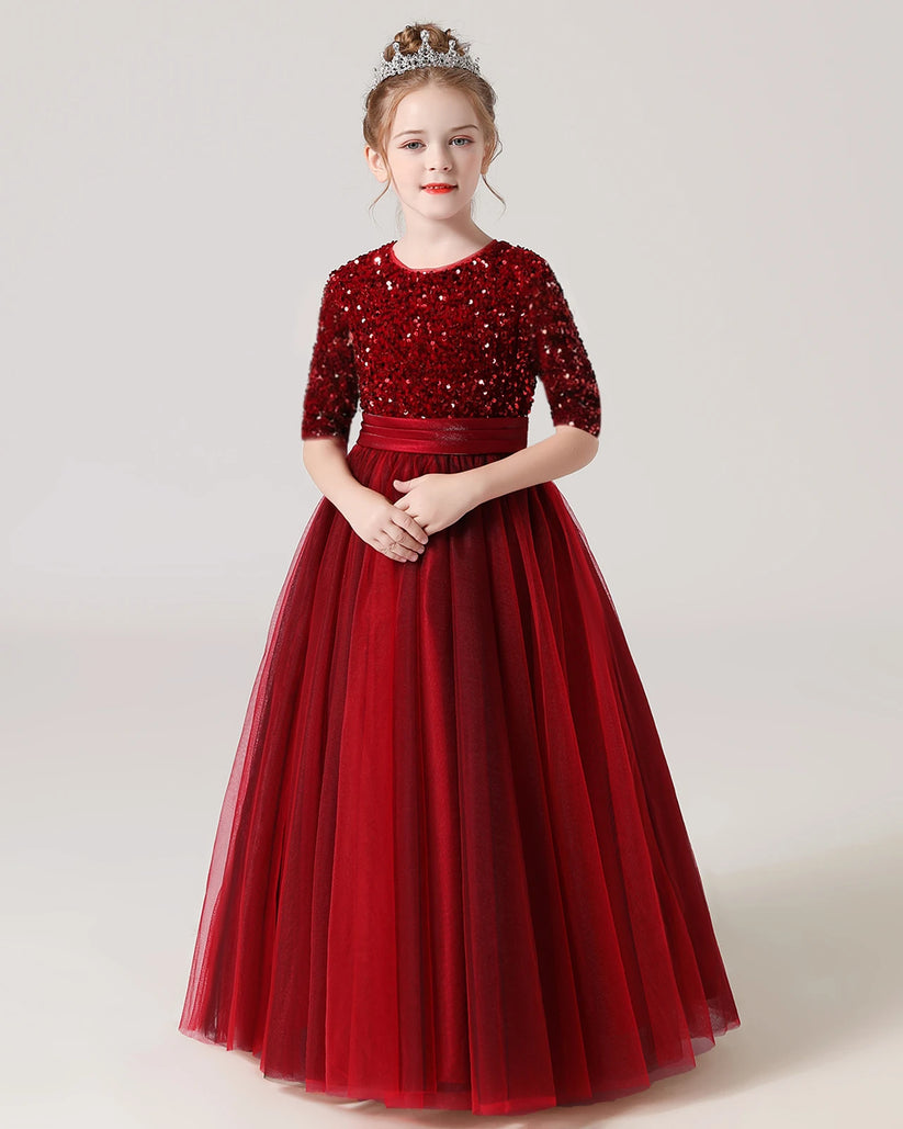 Burgundy Tulle A-line Flower Girl Dress Front View