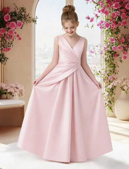dideyttawl 2026 Pleated Satin Flower Girl Dress Junior Bridesmaid Dress Sleeveless A Line V-Neck Prom Ball Gown 2786