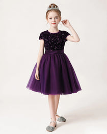 Purple Front Short Sequin Flower Girl Dress