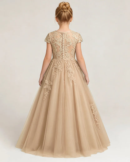 Back Champagne Lace Flower Girls Dress