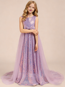 Dideyttawl Lavender Glitter Tulle Girls Formal Dress Bow Waist Princess Ball Gown