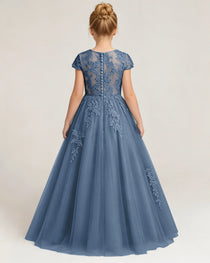 Back Dusty Blue Lace Flower Girls Dress