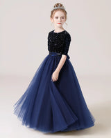 Navy Blue Sequin Tulle A-line Flower Girl Dress Front View