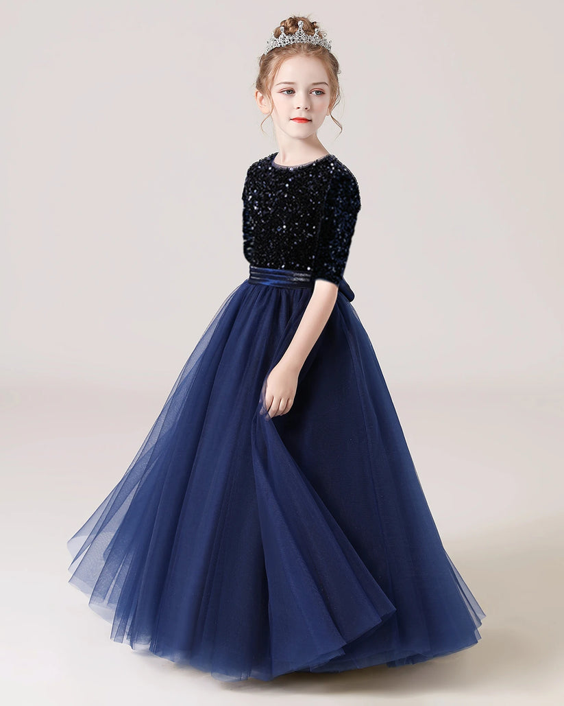 Navy Blue Sequin Tulle A-line Flower Girl Dress Front View