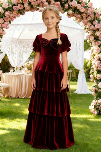 Dideyttawl Burgundy Velvet Girls Formal Dress Puff Sleeve Tiered Ruffle Formal Dress