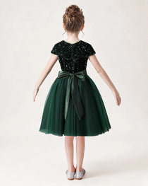 Dark Green Back Short Sequin Flower Girl Dress