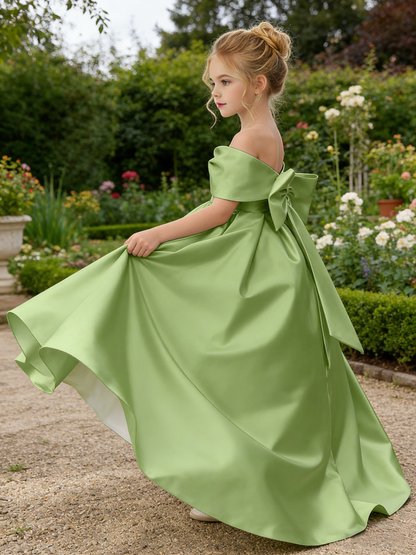 Dideyttawl Satin Flower Girl Dress A Line Off Shoulder Formal Ball Gown Bow Back