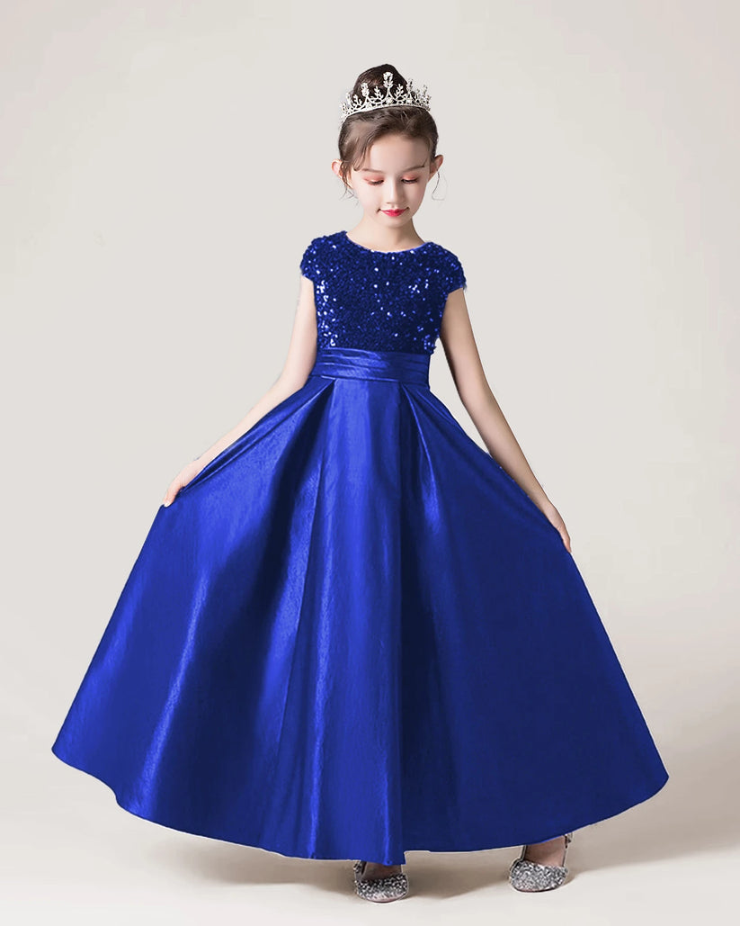 Royal Blue Sequin Satin A-line Girls Formal Dress Front View