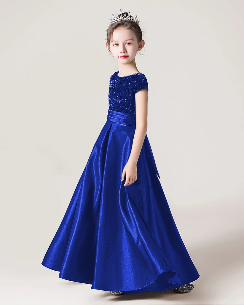 Royal Blue Satin A-line Girls Formal Dress Side View