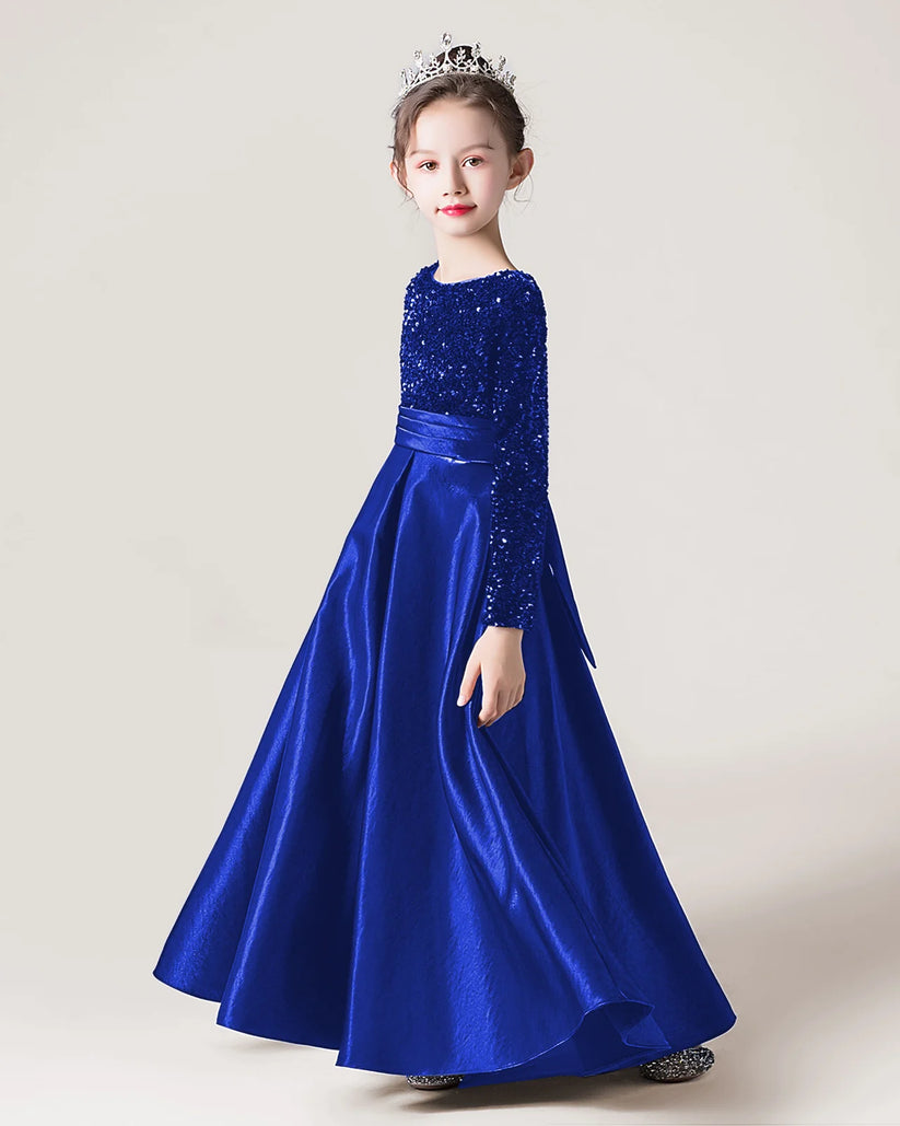 Royal Blue Sequin A-line Girls Formal Dress Side View