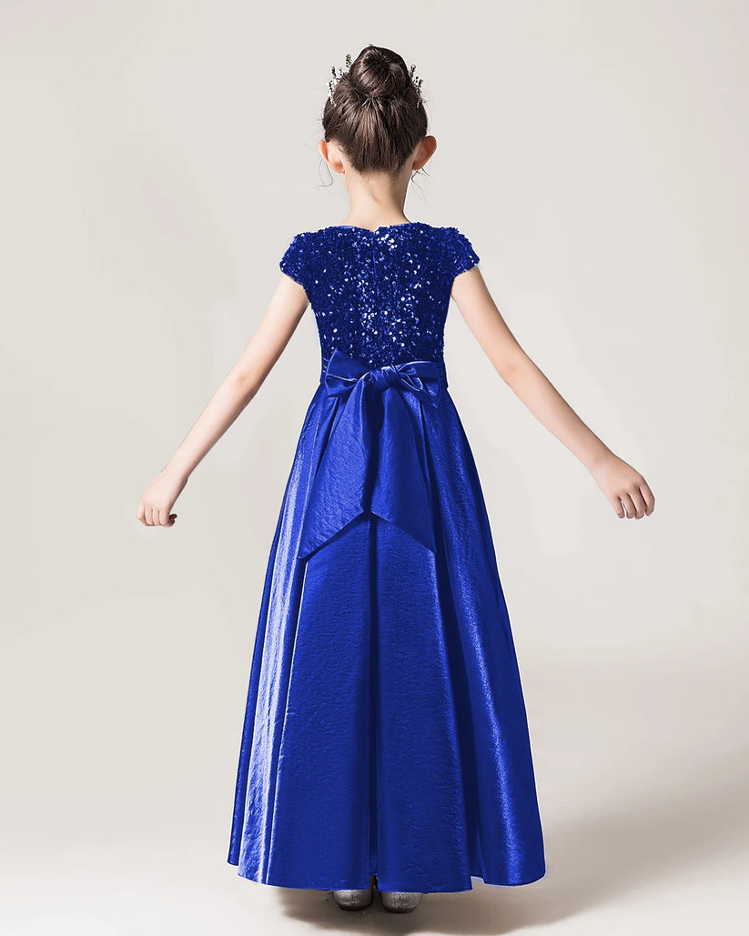Royal Blue Sequin A-line Girls Formal Dress Back View