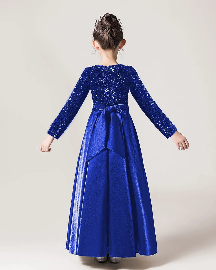 Royal Blue Sequin A-line Girls Formal Dress Back View