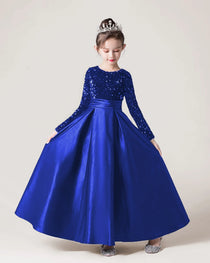 Royal Blue Front Sequin Long Sleeve Flower Girls Dress