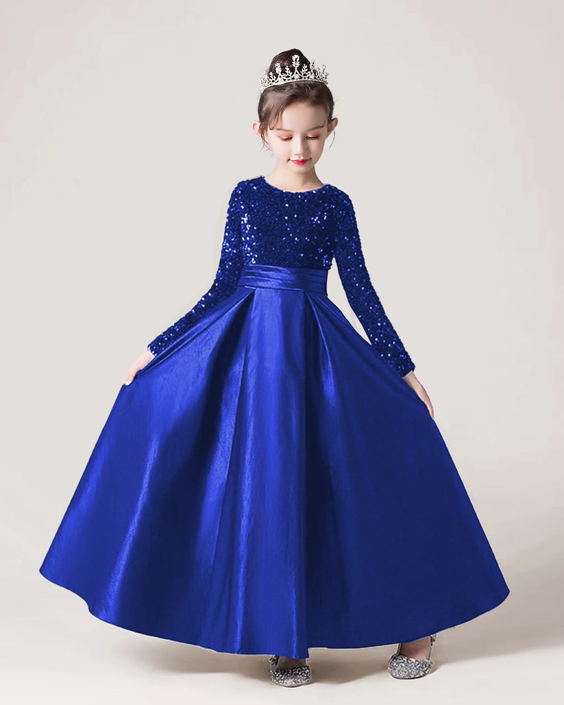 Royal Blue Sequin A-line Girls Formal Dress Front View