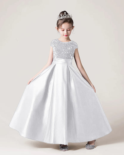 Dideyttawl Sequins Flower Girls Dress Satin Formal Brithday Party Gown