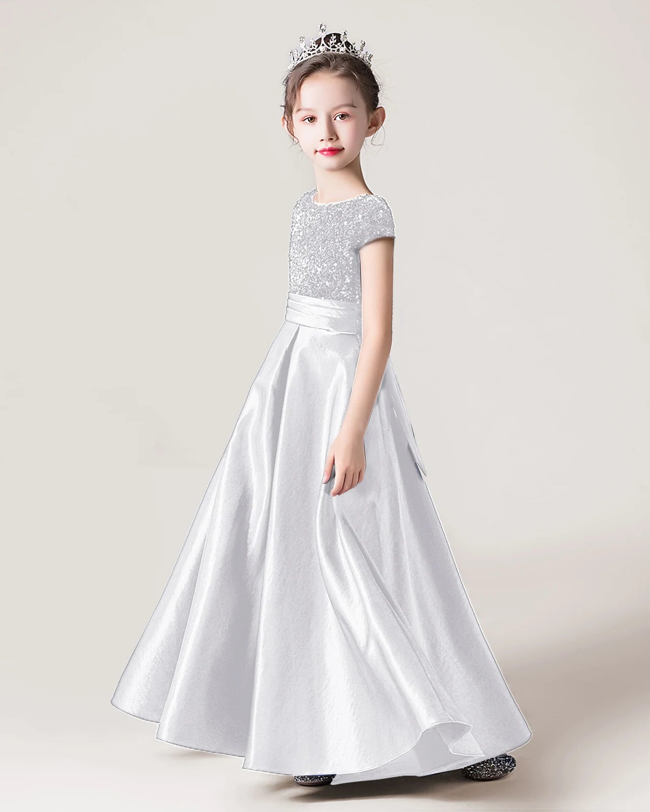 Dideyttawl Sequins Flower Girls Dress Satin Formal Brithday Party Gown
