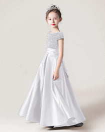 White Side Sequin Flower Girls Dress