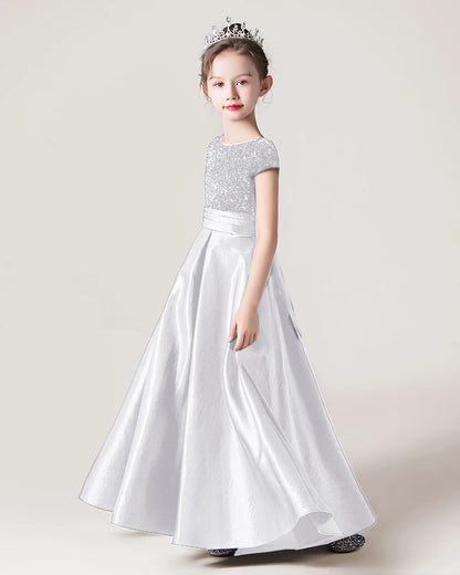 Dideyttawl Sequins Flower Girls Dress Satin Formal Brithday Party Gown