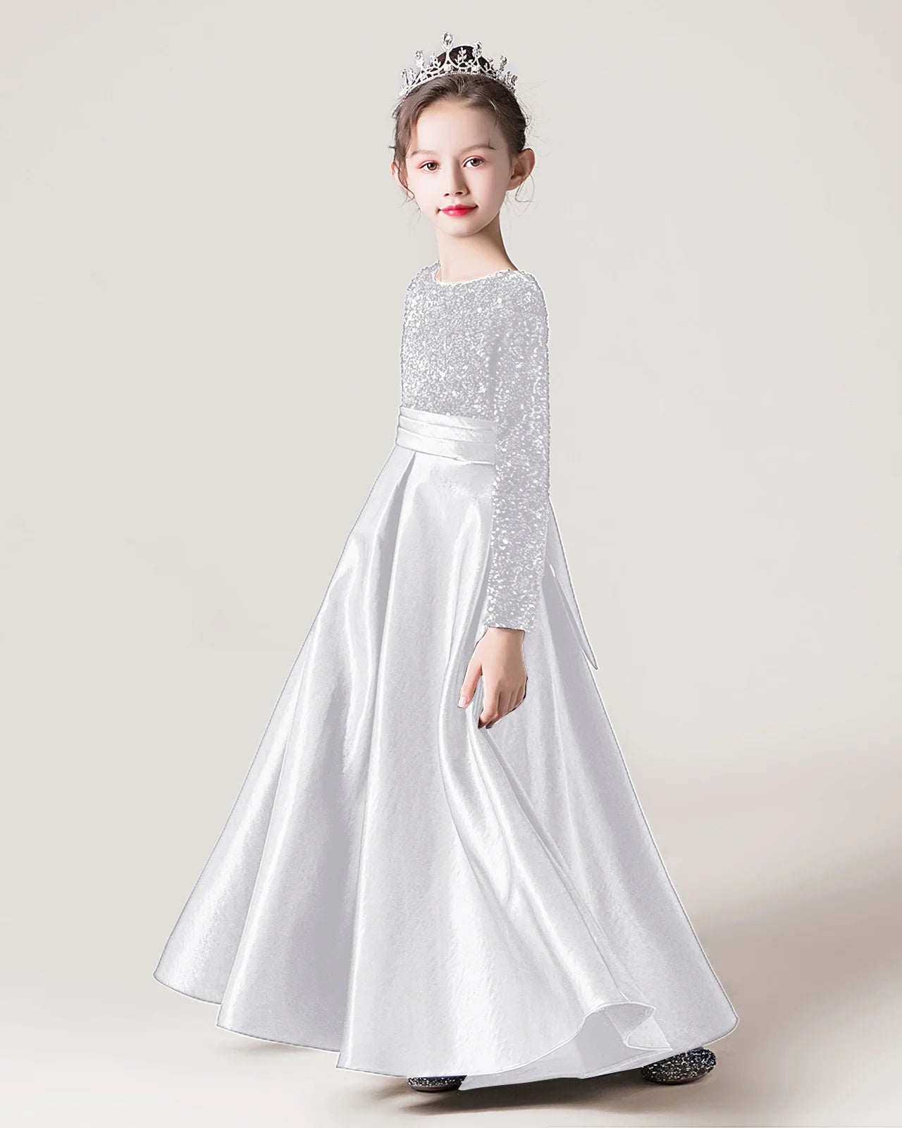 Dideyttawl Long Sleeves Sequins Flower Girls Dress Sparkling  Satin Formal Party Gown 503